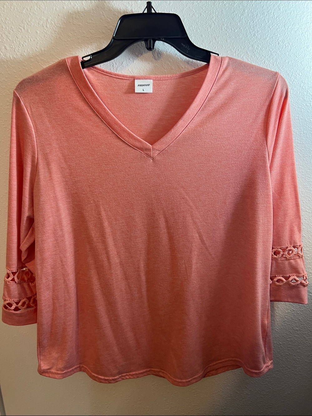 Women’s V-Neck Long Sleeve Top in Coral with Crochet Sleeve Detail